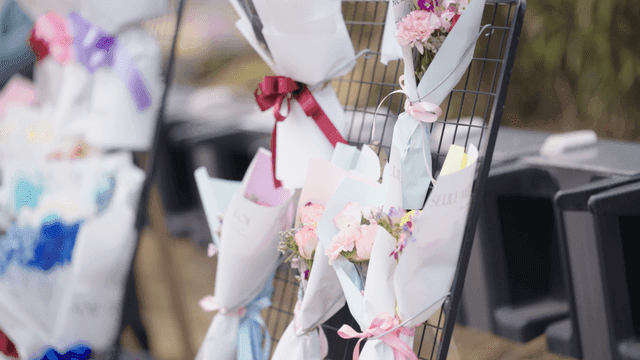 Bouquets of flowers displayed at street stall