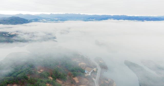 Misty Lakeside Road Amidst Forested Hills