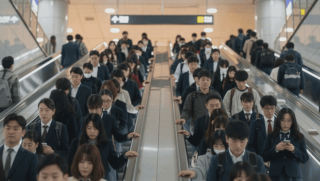 혼잡한 지하철역의 붐비는 에스컬레이터