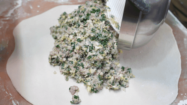 Dumpling filling placed on top of dough