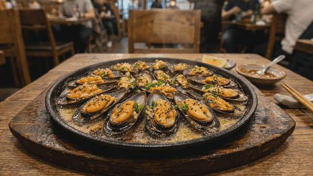 Mussels grilled on hot iron plate