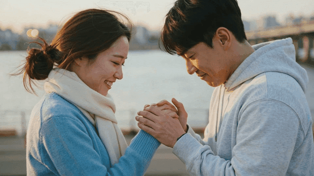 Couple holding hands by river