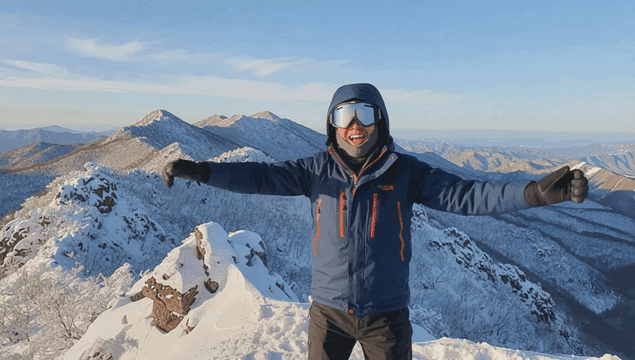 Person celebrating on a snowy mountain peak