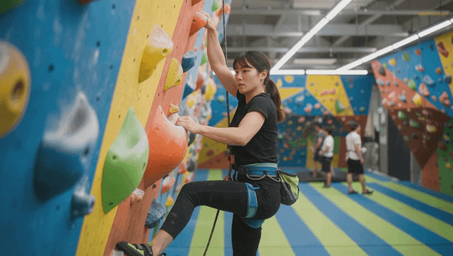 다채로운 홀드가 있는 실내 암벽 등반하는 여성