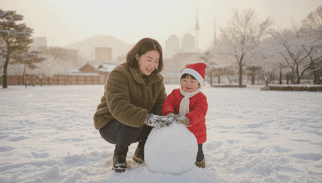 겨울에 눈사람을 만드는 엄마와 아이