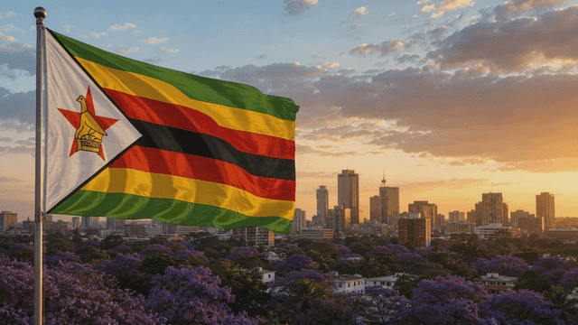 Zimbabwean flag and city skyline at sunset