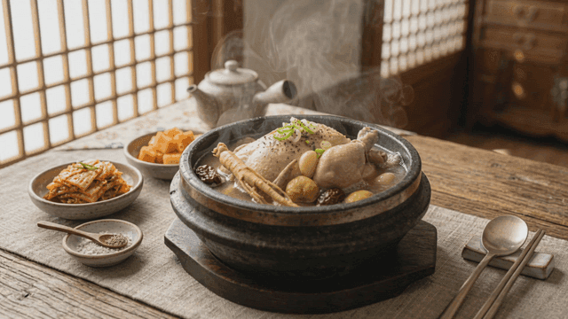 Samgyetang with side dishes on a wooden table
