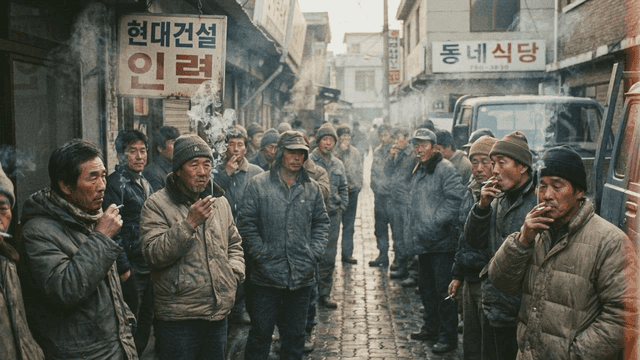 Men smoking cigarettes in alley of employment agency