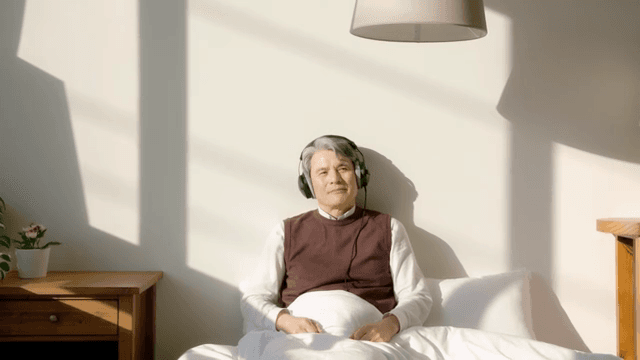 헤드폰을 쓰고 휴식을 취하는 노인