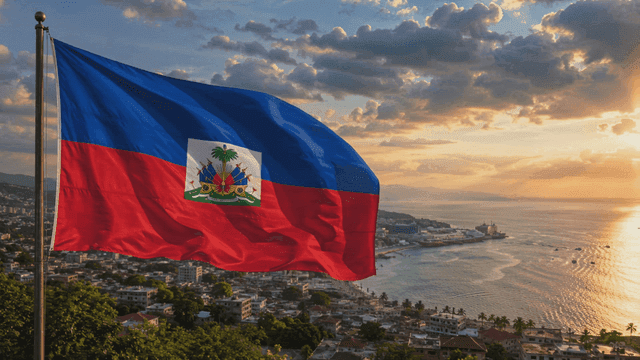 Haitian flag waving over a coastal city