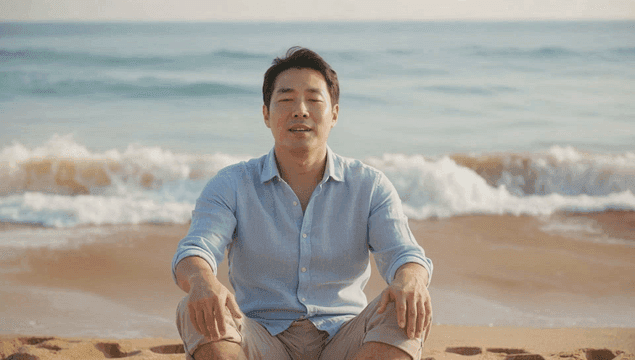고요한 해변에서 휴식하는 남자