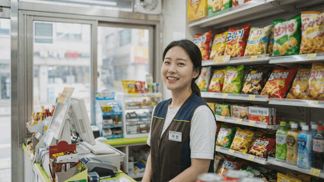 Smiling cashier at convenience store