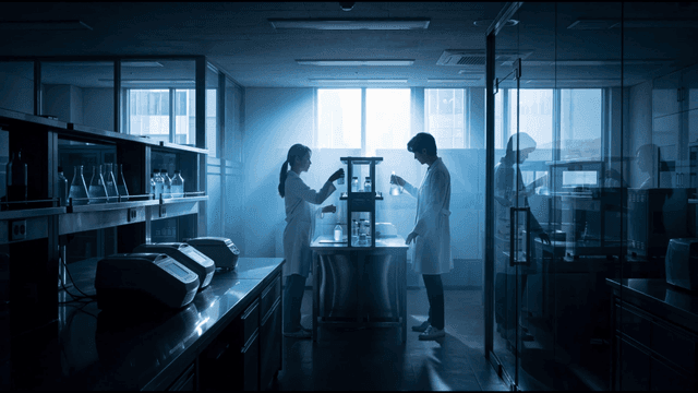Researchers working in dark laboratory