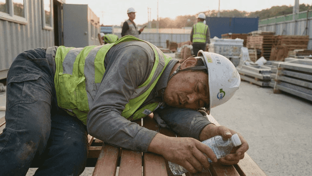 Construction worker sleeping exhausted on bench
