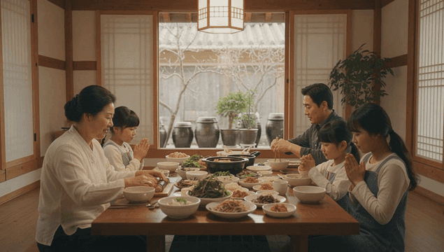 Family eating traditional Korean food