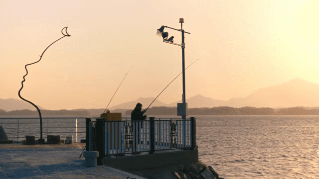 Person fishing at sunset by the sea