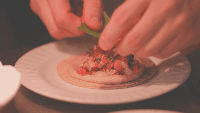 Gourmet dish topped with fresh vegetable garnishes