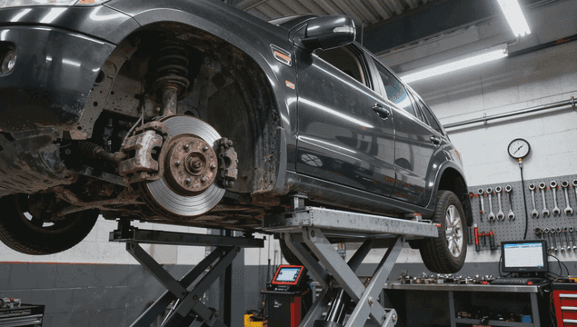 자동차 수리점에서 리프트에 있는 차