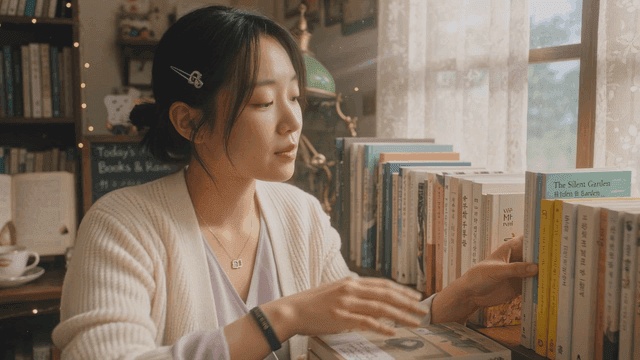 Woman organizing books in cozy bookstore
