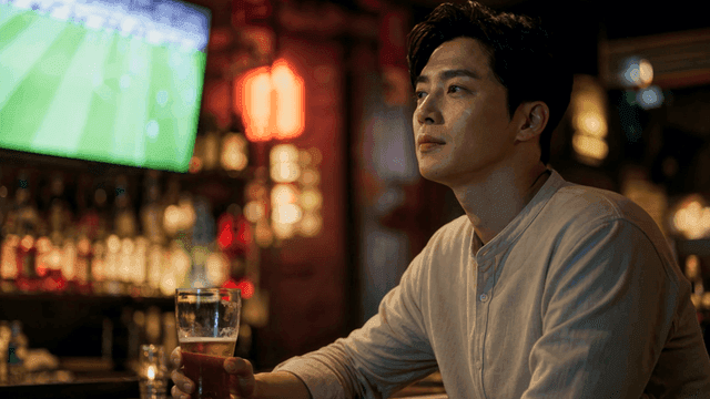 Man holding beer glass alone at sports bar