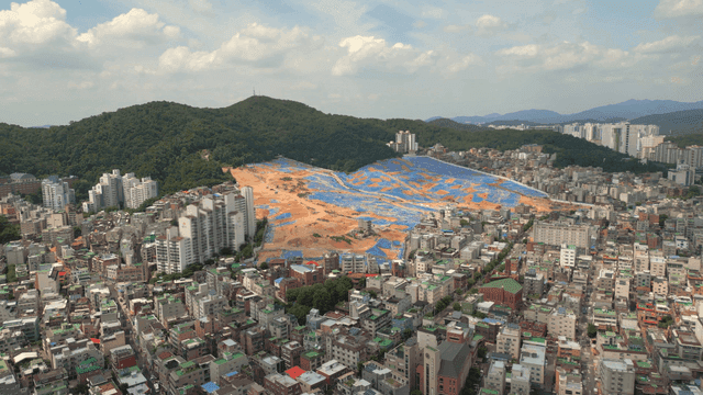 Aerial view of a city with construction site
