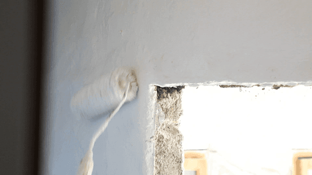 롤러 브러시로 벽을 칠하는 모습