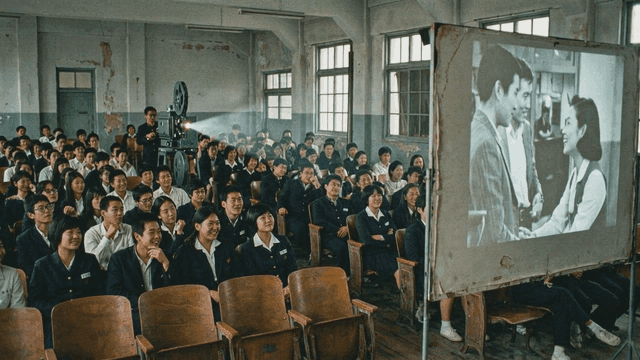 Students watching a film in a classroom