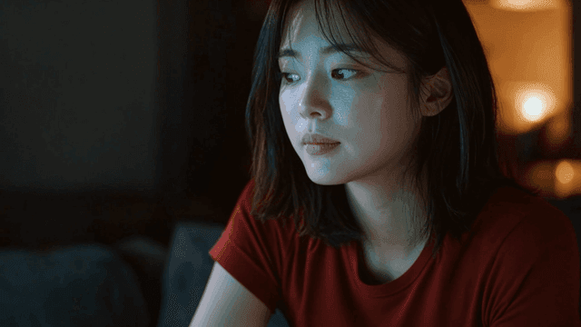 Woman in red t-shirt lost in thought