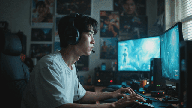 집중하여 게임하는 젊은 남성