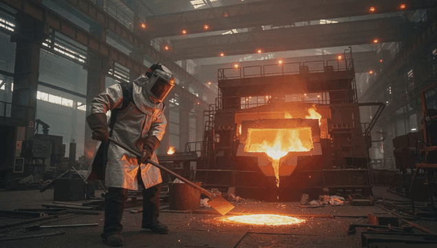 Worker in protective gear handling molten metal