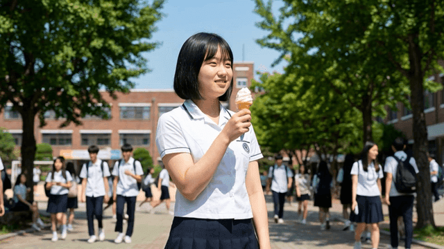 Female student eating soft serve ice cream on sunny day