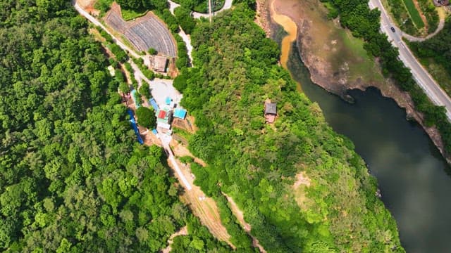 푸른 숲과 작은 마을을 내려다본 모습