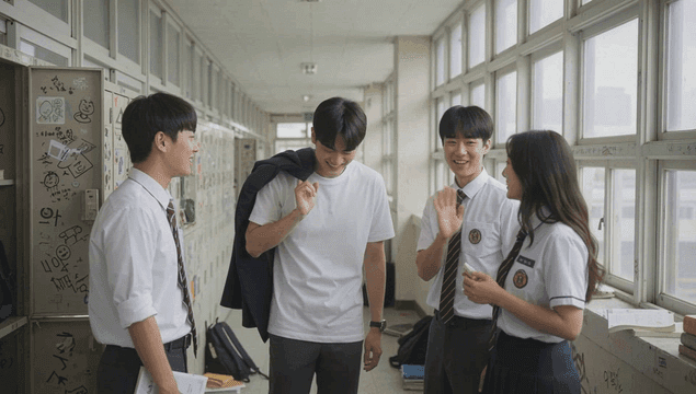 낙서가 가득한 학교 복도에서 웃으며 대화하는 학생들