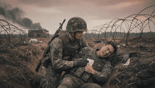 전투 중 참호에서 총에 맞은 군인