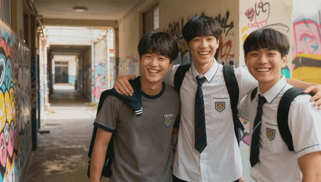 Three friends laughing in a graffiti-covered hallway