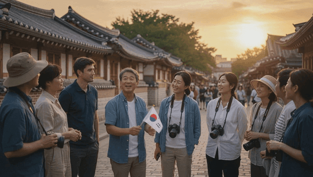 전통 한옥 마을에서 여행지를 설명하는 가이더