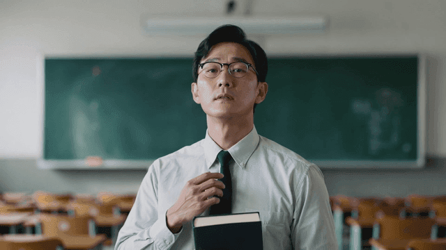 Teacher standing in classroom.