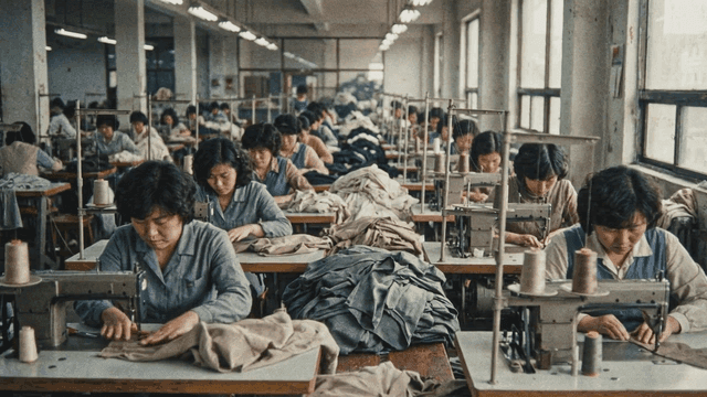 Workers sewing clothes in a factory