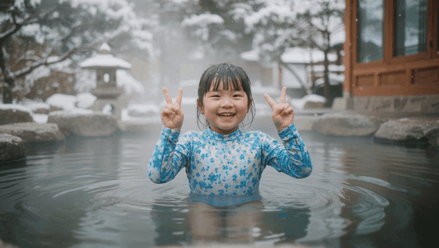 겨울 온천을 즐기는 여자아이