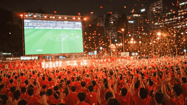 Crowd cheering at a night football event