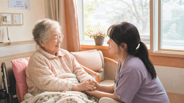 Nurse holding hands with elderly person at nursing home