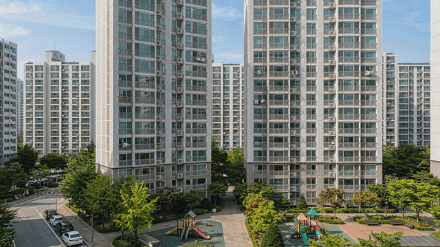 High-rise apartments with playground