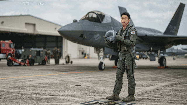 Pilot standing confidently near a fighter jet