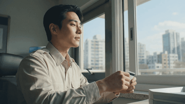 Man holding a card by the window