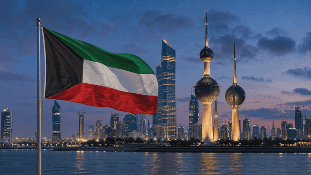 Kuwait City skyline with national flag