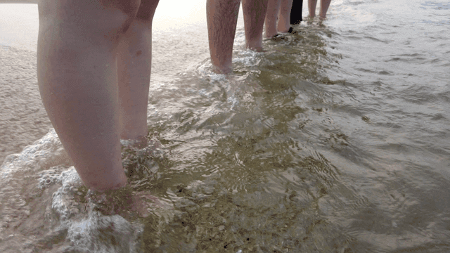 Feet in shallow water on a sandy beach