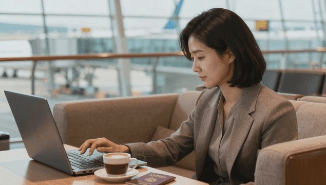 Woman working on laptop in airport lounge