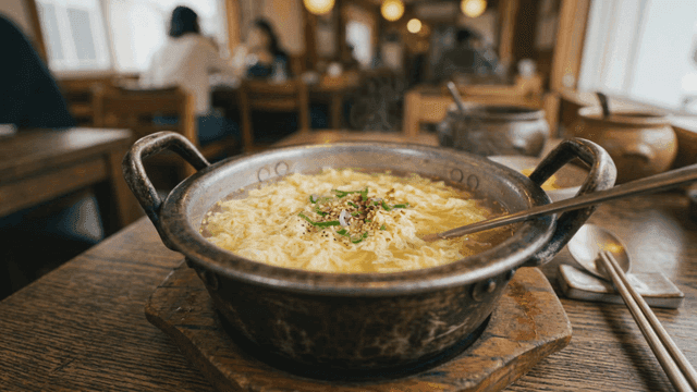 Steaming egg soup on table