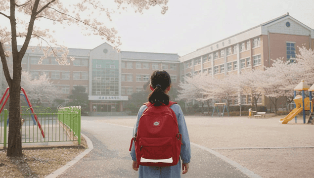 Back of a female elementary school student carrying a red bag on her way to school.