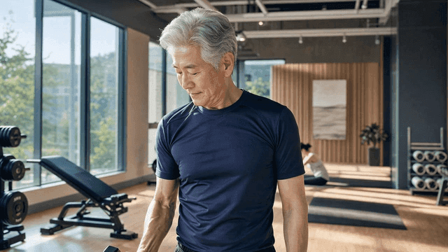 Elderly man lifting dumbbells at gym